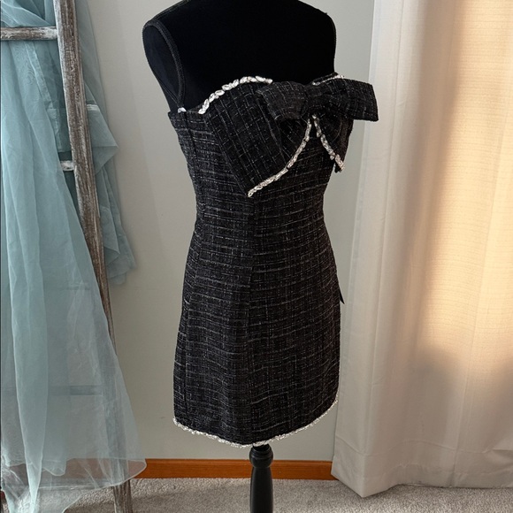 NWT lulus Black Tweed Strapless Rhinestone Bow Mini Dress Medium - Picture 9 of 13